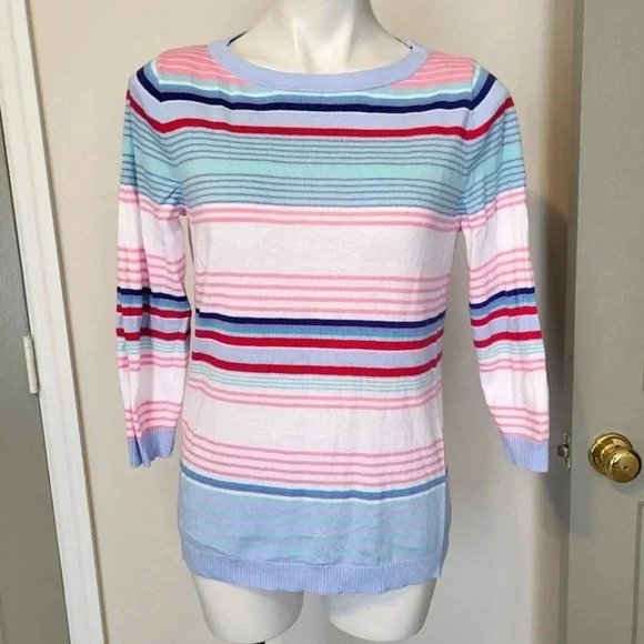 Talbots Blue and Pink(Pastel) Striped Three Quarter Sleeve Sweater(S) - Picture 1 of 9